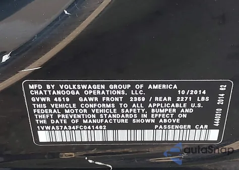 2015 Volkswagen Passat S from USA, damaged, VIN 1VWAS7A34FC041462